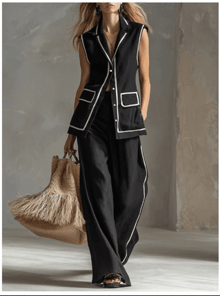 Minimalist Linen-Blend Contrast Piping Casual Blazer Suit