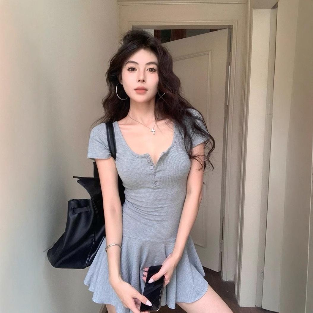 Gray U-neck Slim-fit Short Sleeve Dress Women