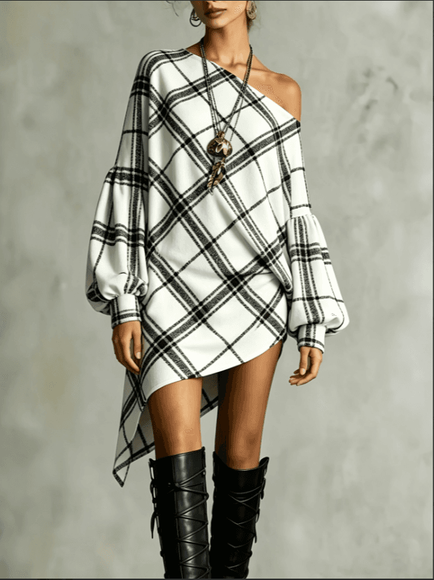 Women's Plaid Off Shoulder Lantern Sleeve Irregular Hem Tunic Mini Dress