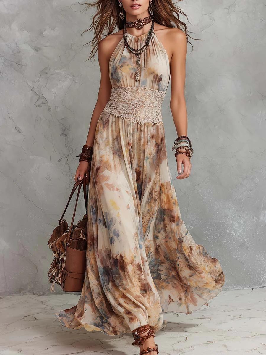 Womens Retro Oil-Painting-Style Summer Floral Strap Waist-Cinching Dress