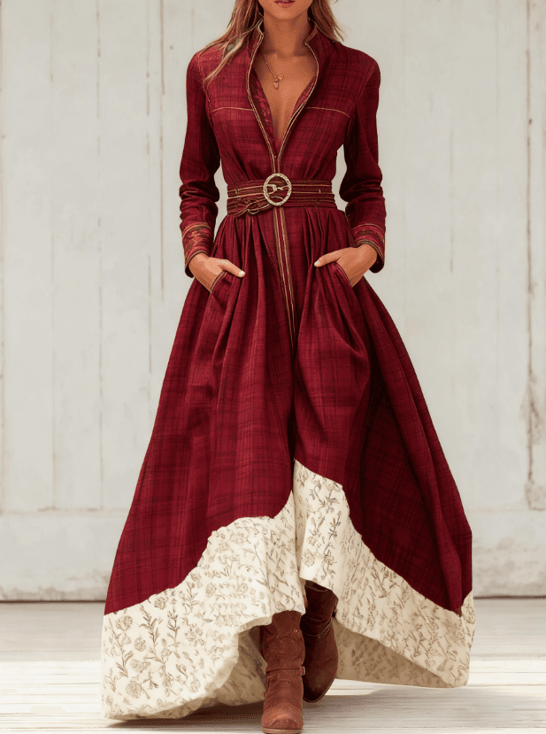 Casual Retro Color-blocked Waist-cinching Long Dress