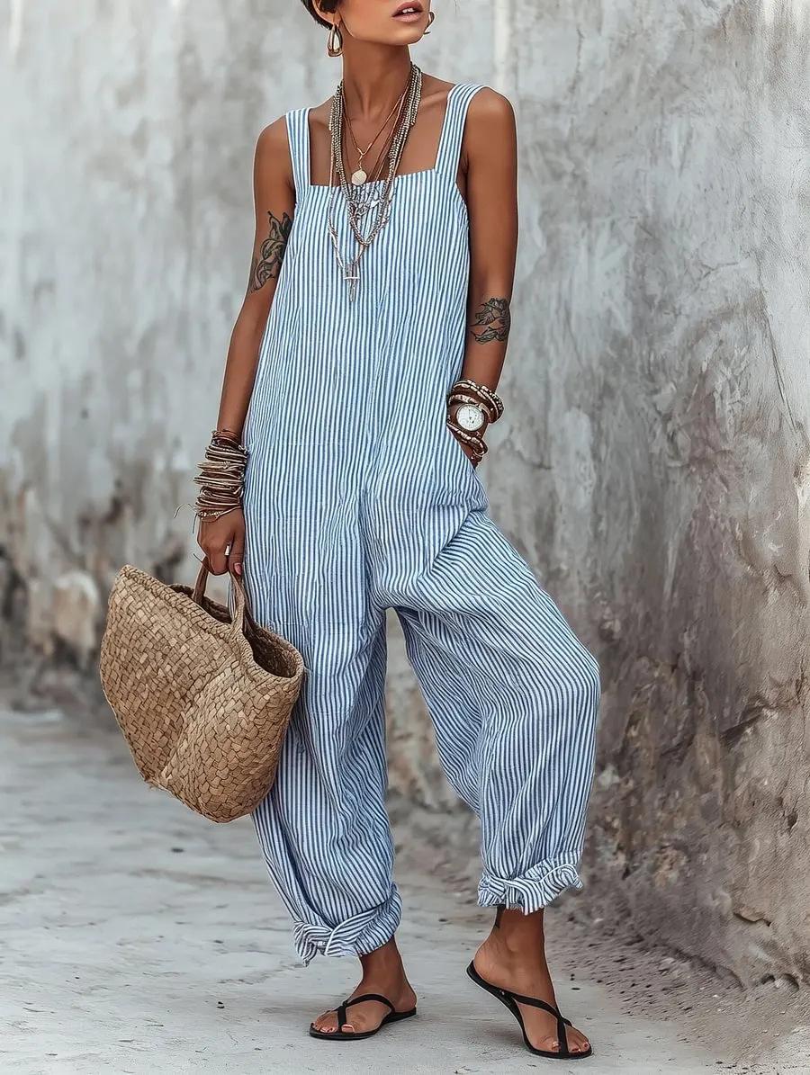 Striped Printed Loose Casual Jumpsuit For Women