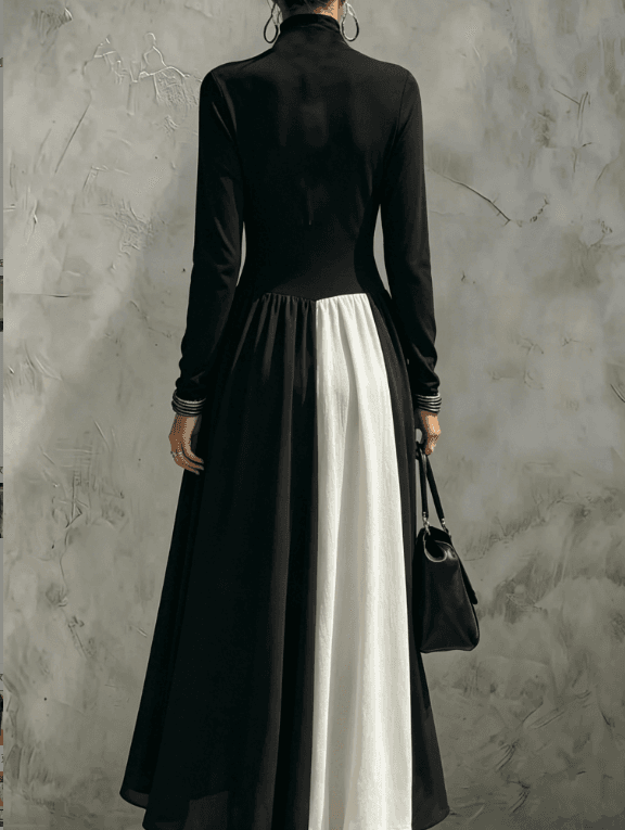 Black And White Contrasting High Neck Long Sleeved Patchwork Large Swing Long Dress