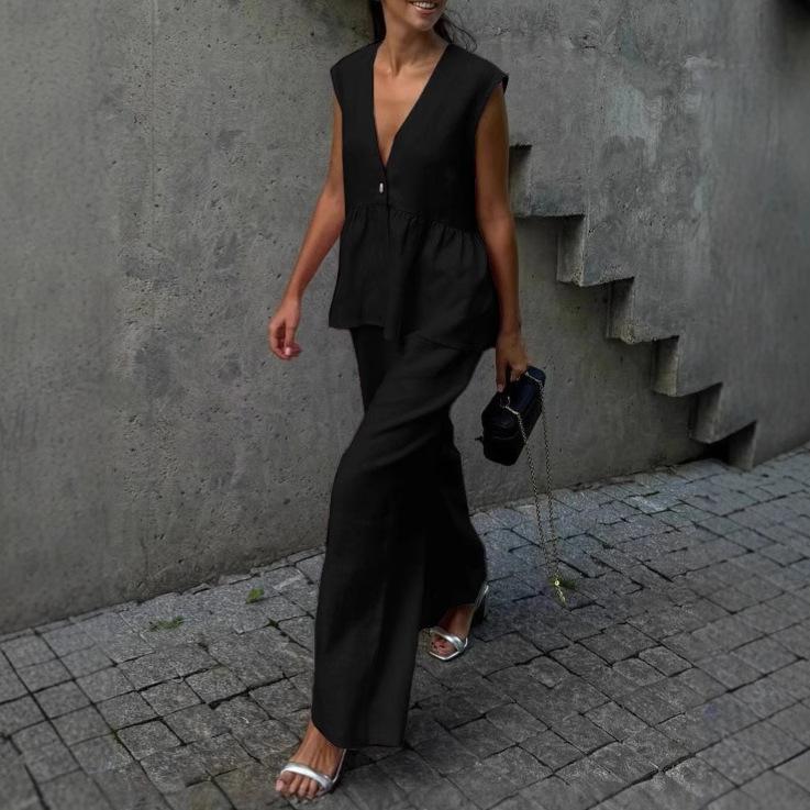 Womens Cotton V-Neck Sleeveless Vest And Wide-Leg Pants Set