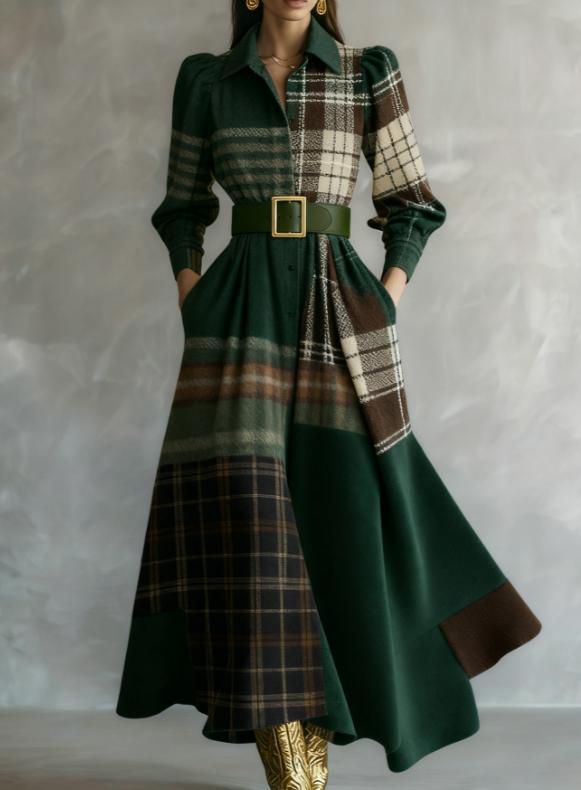 Waist-cinching Shirt Collar Casual Long Dress