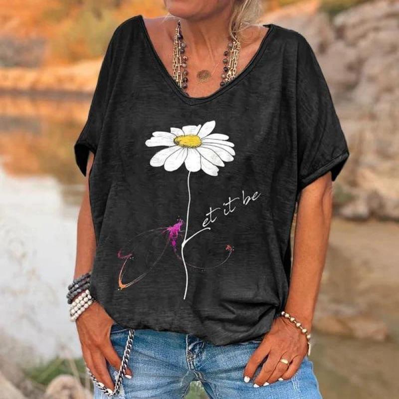 Loose V-neck Short Sleeve Digital Printed T-shirt