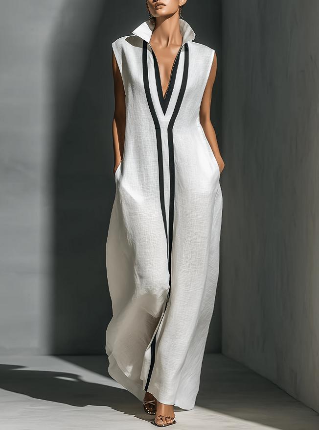 2026 Spring And Summer New Contrasting Stand Up Collar Sleeveless Linen Maxi Dress