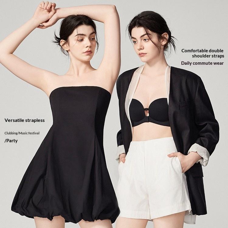 Womens Solid-color Minimalist Non-slip Front-closure Strapless Bra