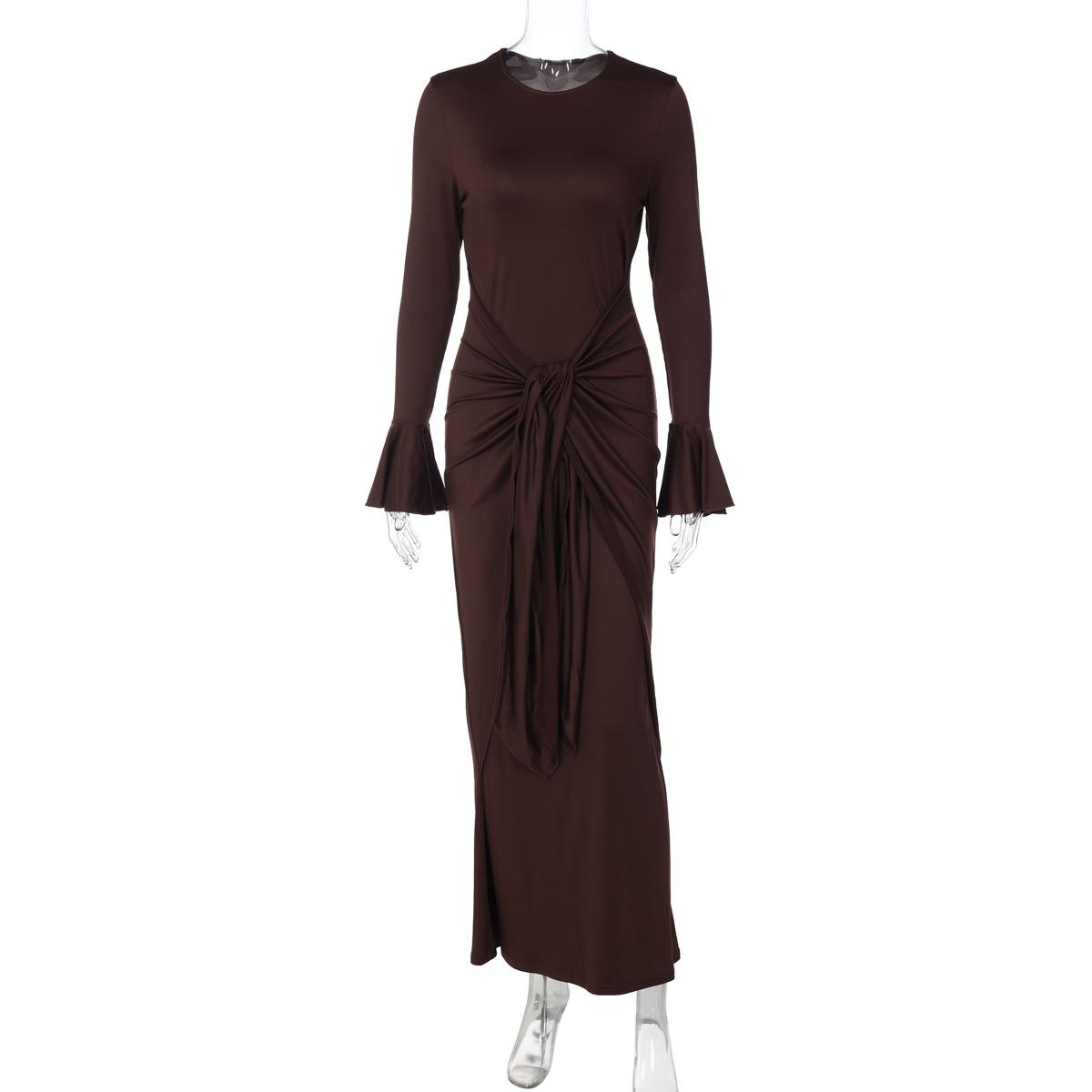 Temperament Waist-controlled Lace-up Round-neck Long-sleeved Dress