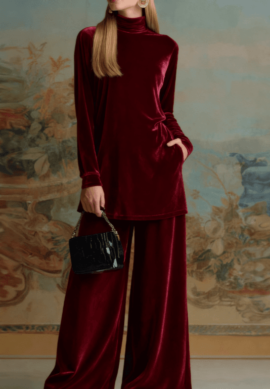 Velvet Casual Turtleneck Long-sleeved Wide-leg Pants Suit