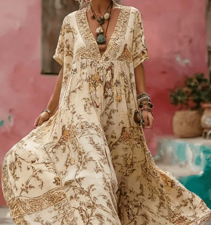 Women's Printed Elegant V-Neck Long Dress
