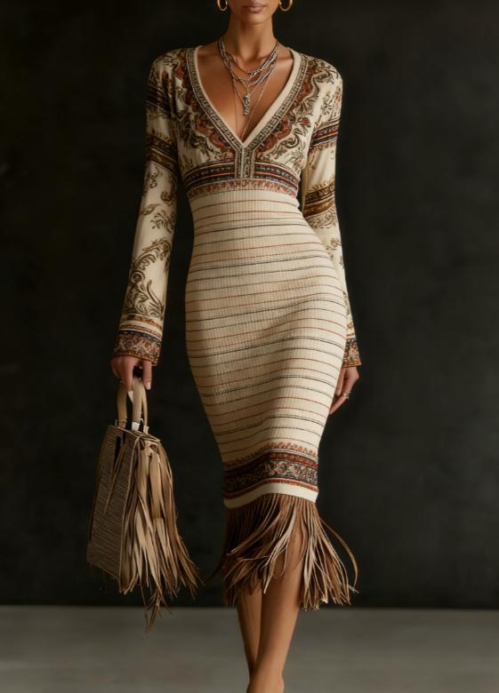 Tassel-trimmed V-neck Knitted Casual Dress