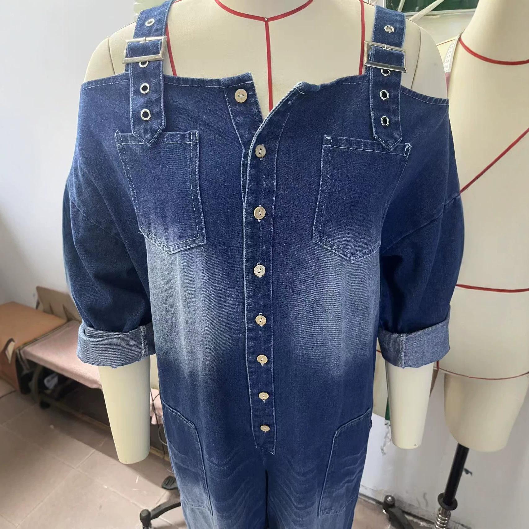 Fashionable Sexy Off-Shoulder Suspender Pocket Denim Jumpsuit