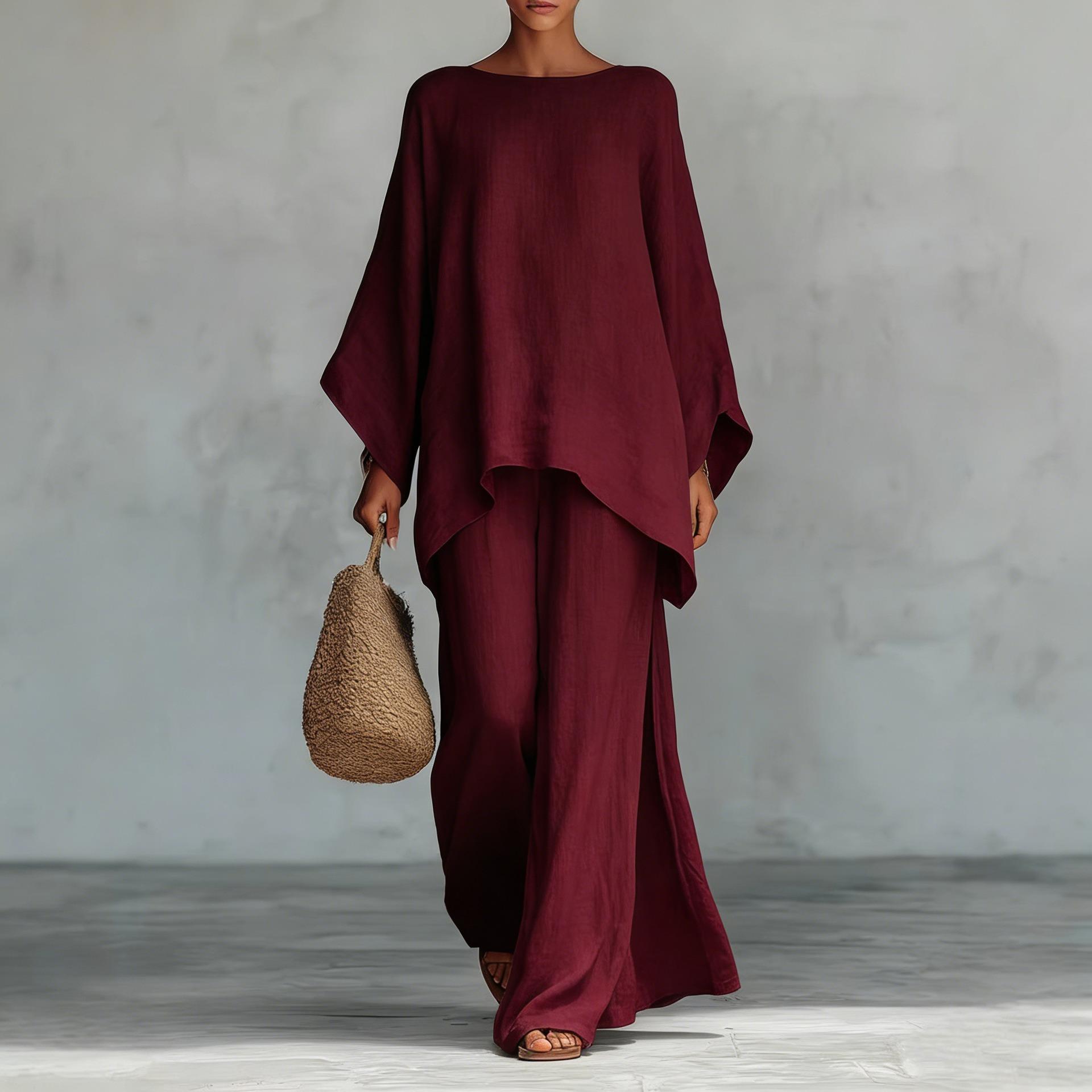 Hot Selling Autumn New Womens Simple Loose Solid Color WideLeg Pants Set