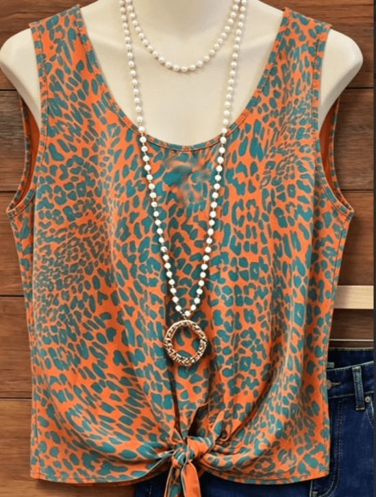 Orange & Teal Leopard Print Sleeveless Knotted Tank Top