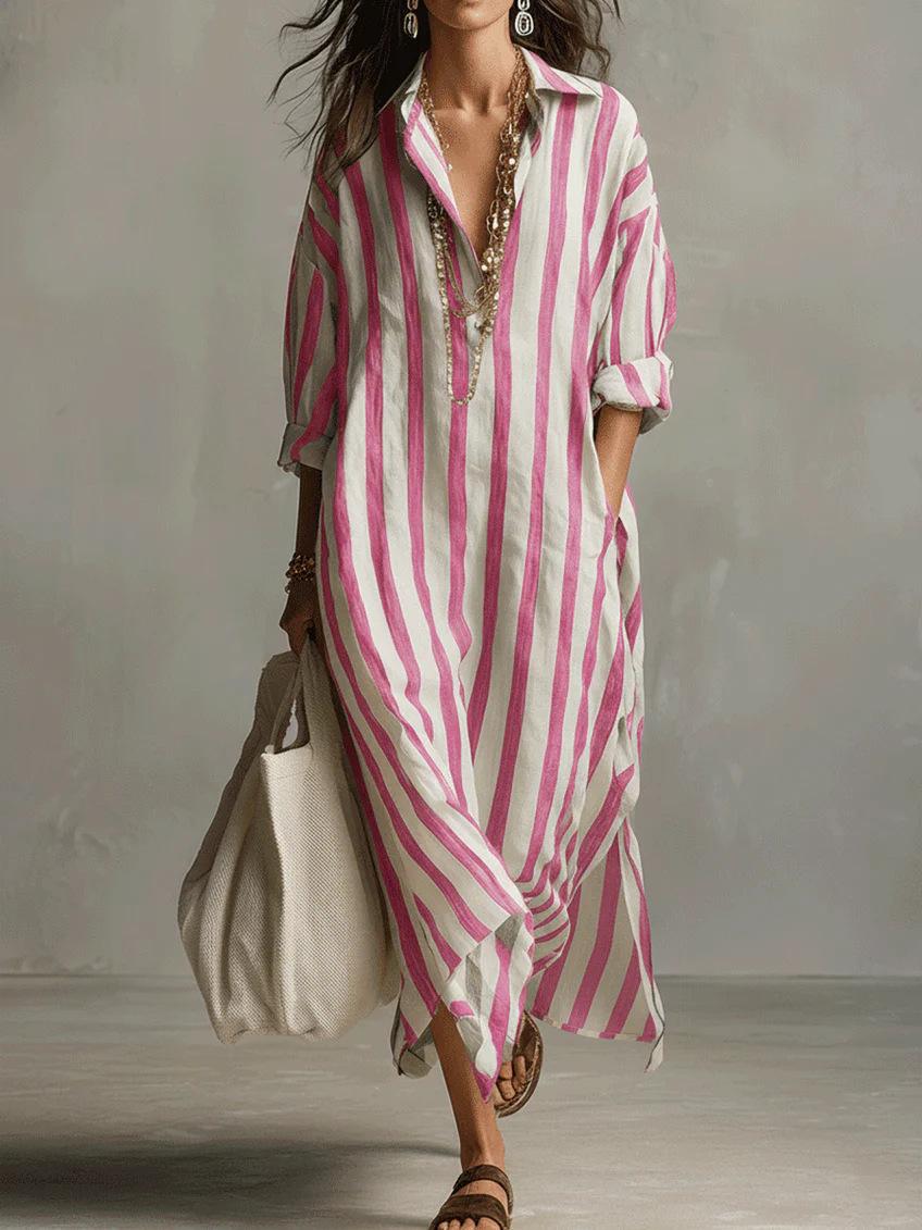 Stylish Loose V-neck Long Striped Sleeve Shirt Dress For Women Summer