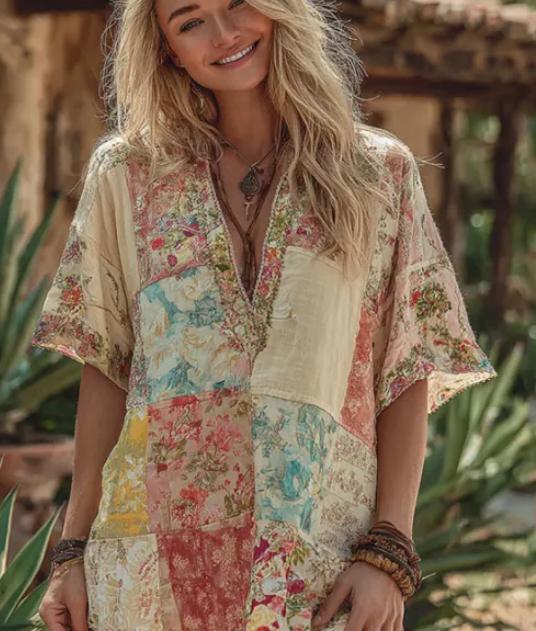 Retro Color-blocked Casual V-neck Mid-sleeve Top
