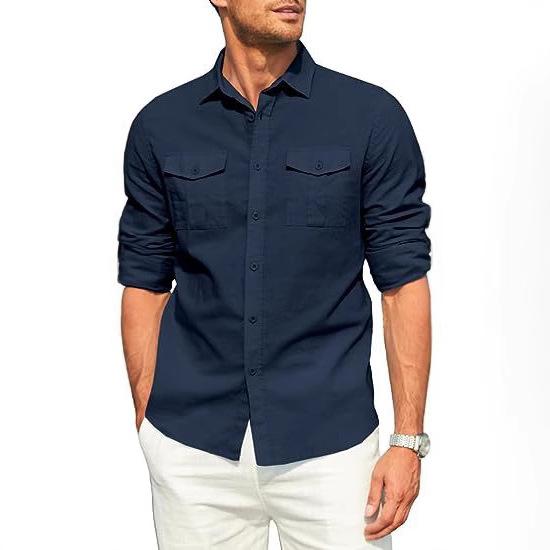 Men's Casual Long-sleeve Shirt With Double Pockets European And American Style