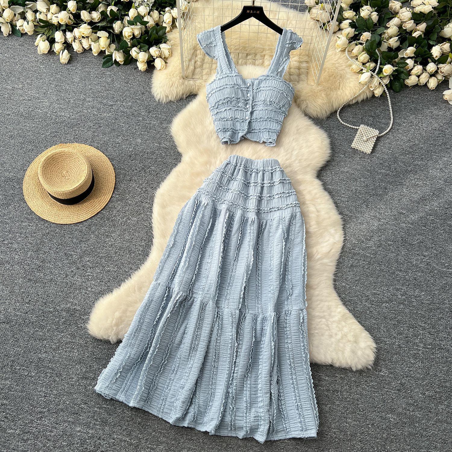 Suspender Top High Waist Crimp Skirt Two-piece Suit