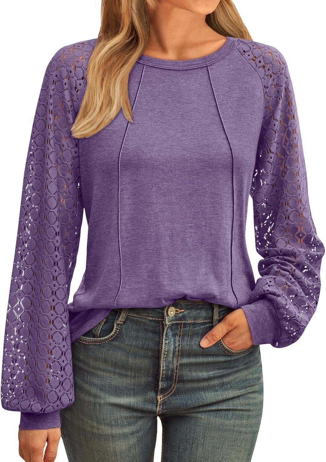 Women's Lace Patchwork Round Neck Pleated Long Sleeve Top