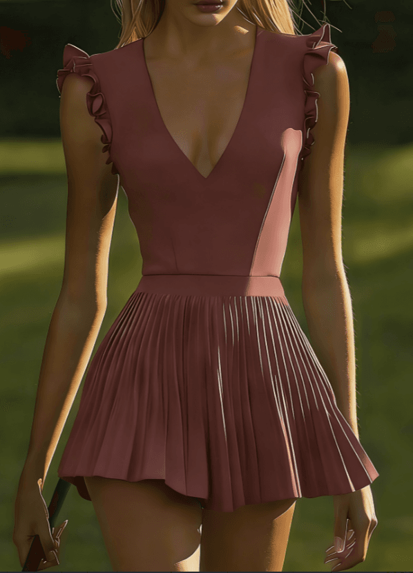 V-neck, Ruffled Trim, Fitted Waist, Pleated French-style Short Dress