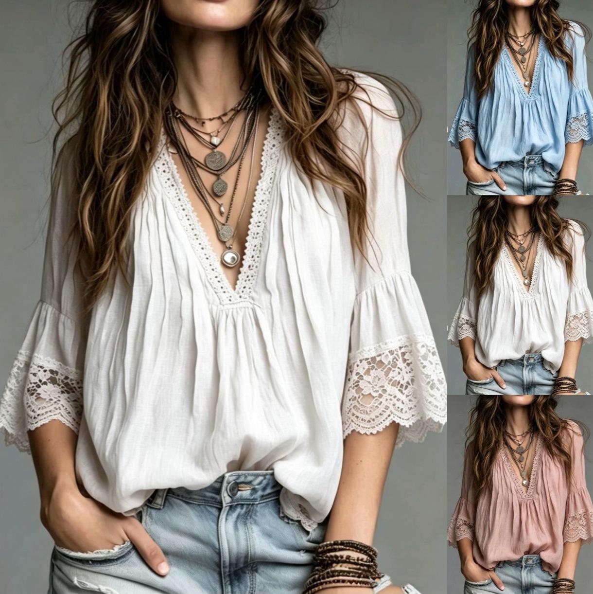 Lace-Panel V-Neck Fashionable Blouse For Women
