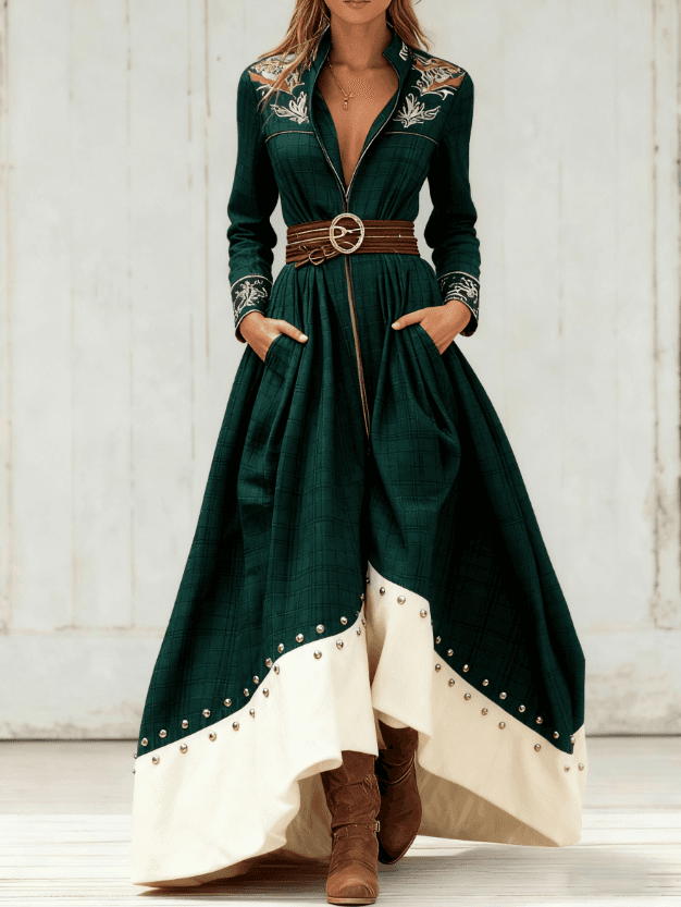 Casual Retro Color-blocked Waist-cinching Long Dress