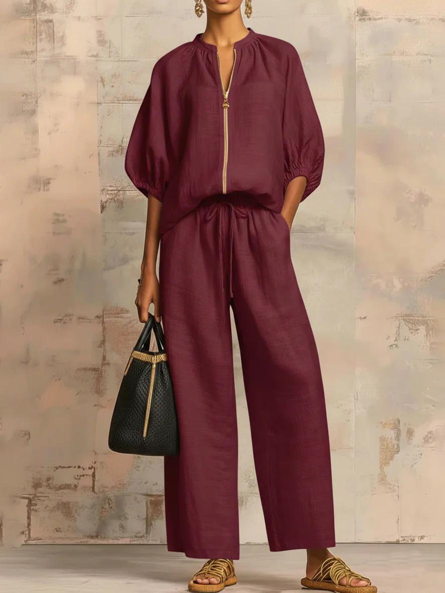 Casual Relaxed-fit Solid-color Zip-up Crew-neck Wide-leg Pants Set