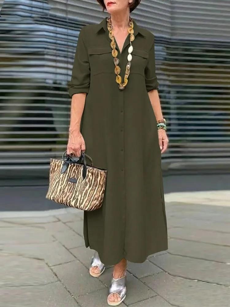 Elegant Solid Color Long Sleeve Button Lapel Dress