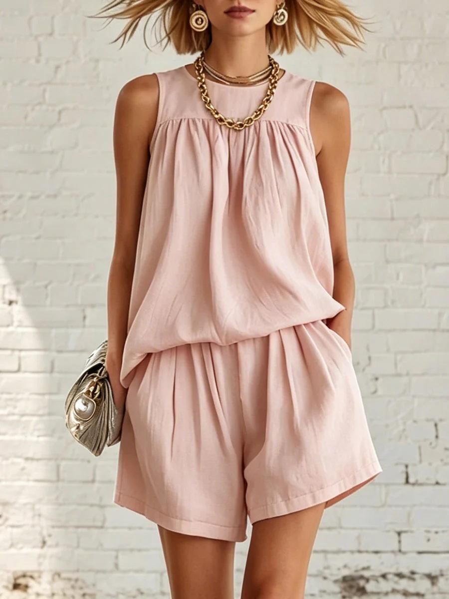 Retro Sleeveless Pleated Top And Wide-leg Shorts Set