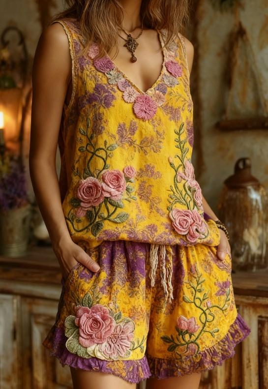 Women's Floral Embroidery V-neck Vest And Shorts Two-Piece Set