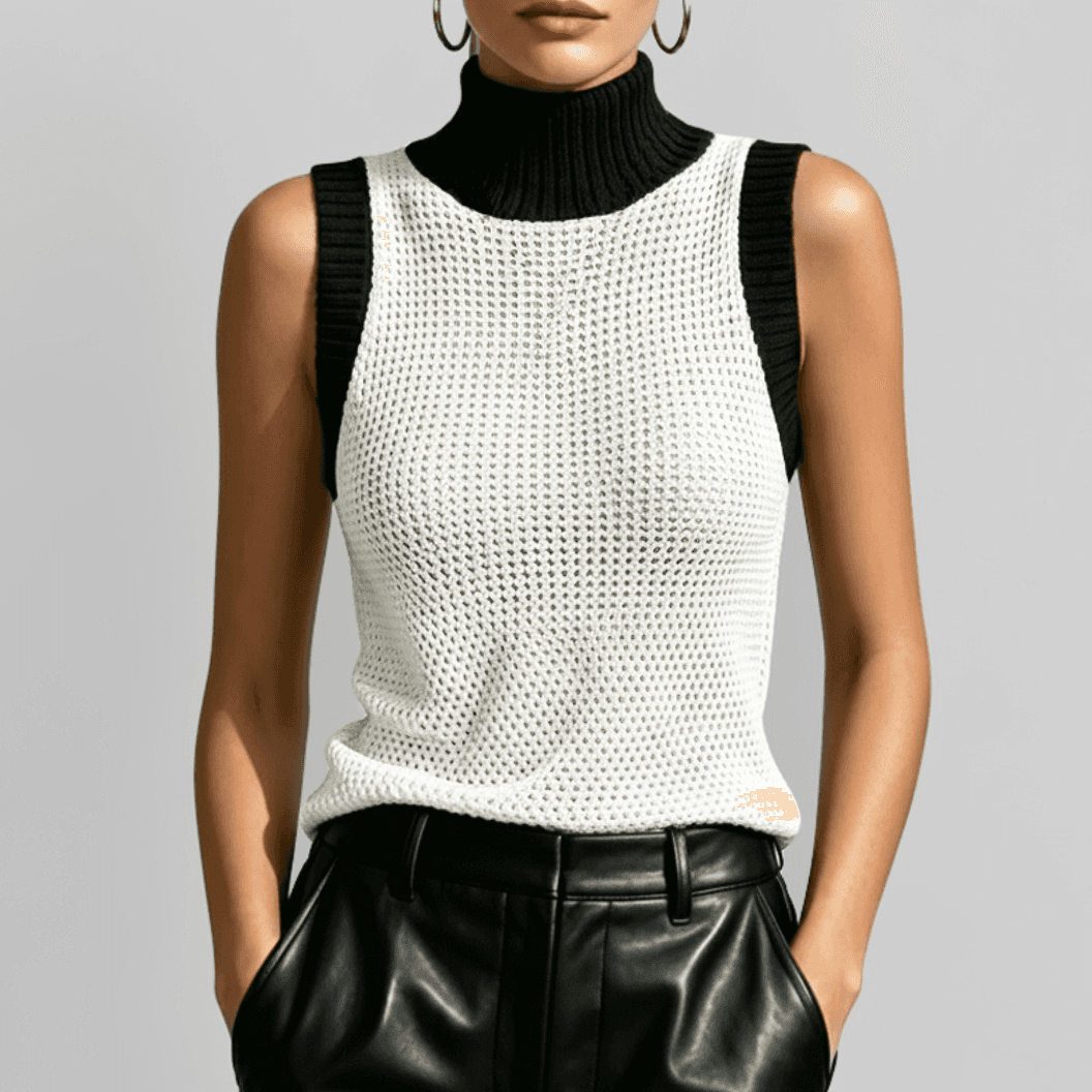 Women's Color Block Turtleneck Knit Tank Top, Sleeveless Hollow Out Mesh Sweater Vest