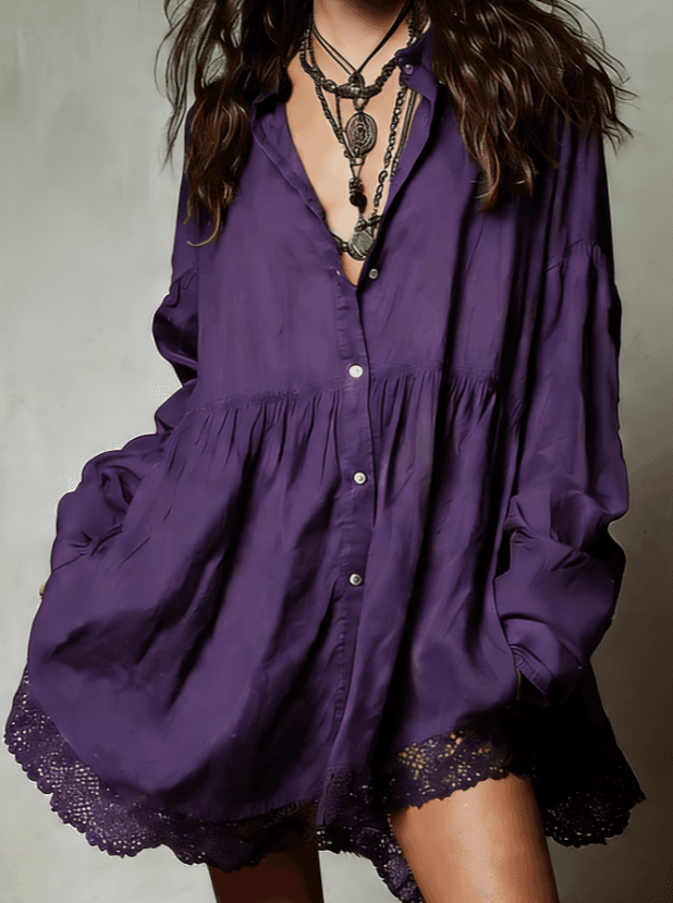 Lace-trimmed Collared Loose Babydoll Shirt Dress