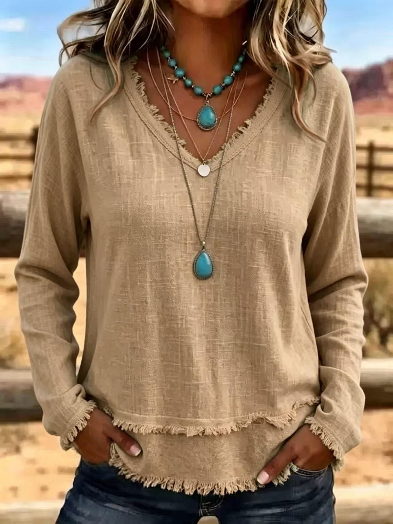 V-Neck Long Sleeve T-Shirt With Tassel Women's Loose Fit Casual Top For Daily Wear Clothing