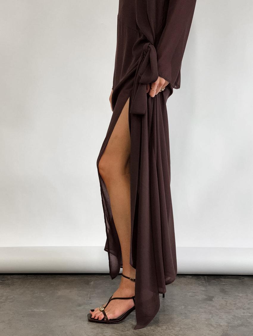 Mesh Sheer Round Neck Long Sleeve Tie Bow Slit Dress