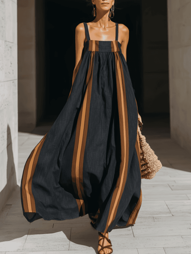 Dark Blue Base Caramel Striped Square Neck Suspender Long Dress