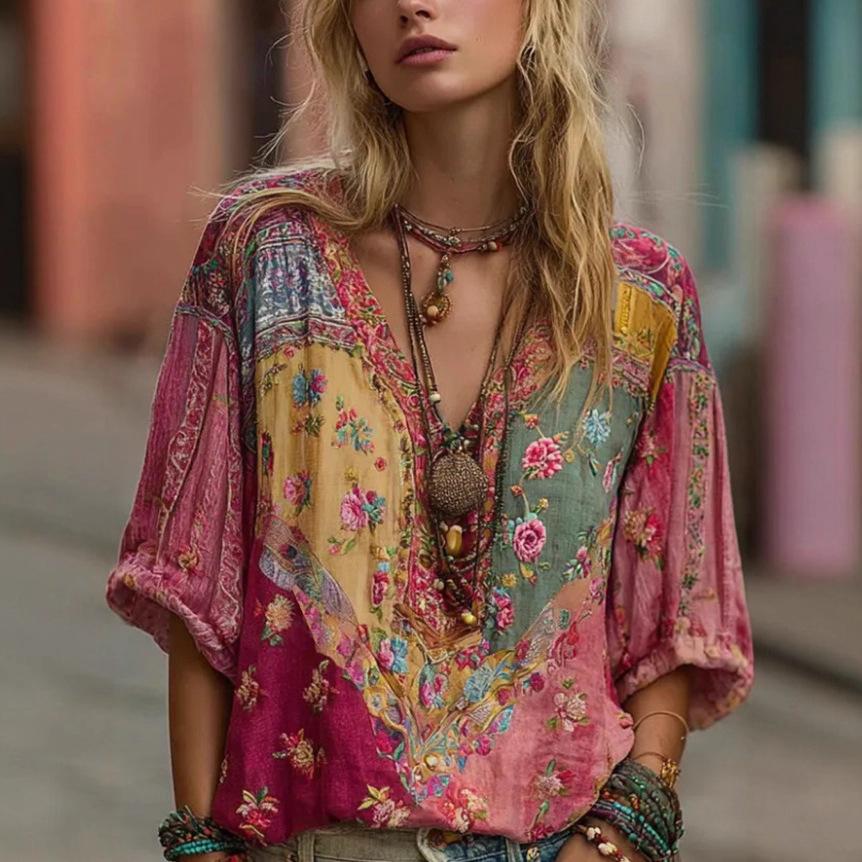 European And American Resort-Style Loose-Fit Printed Bohemian V-Neck Top Shirt