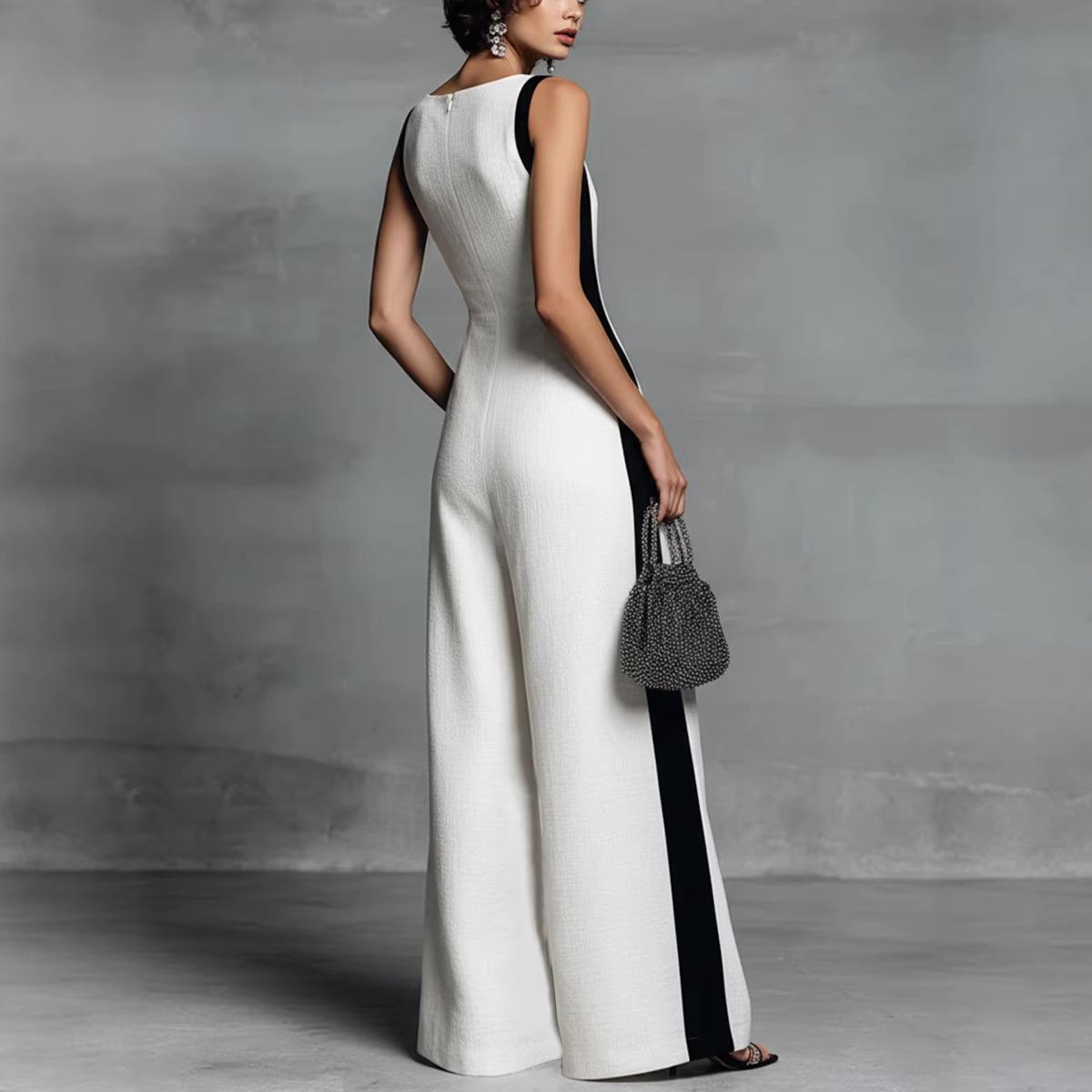 Sleeveless Womens V-Neck Contrasting Color Wide-Leg Jumpsuit