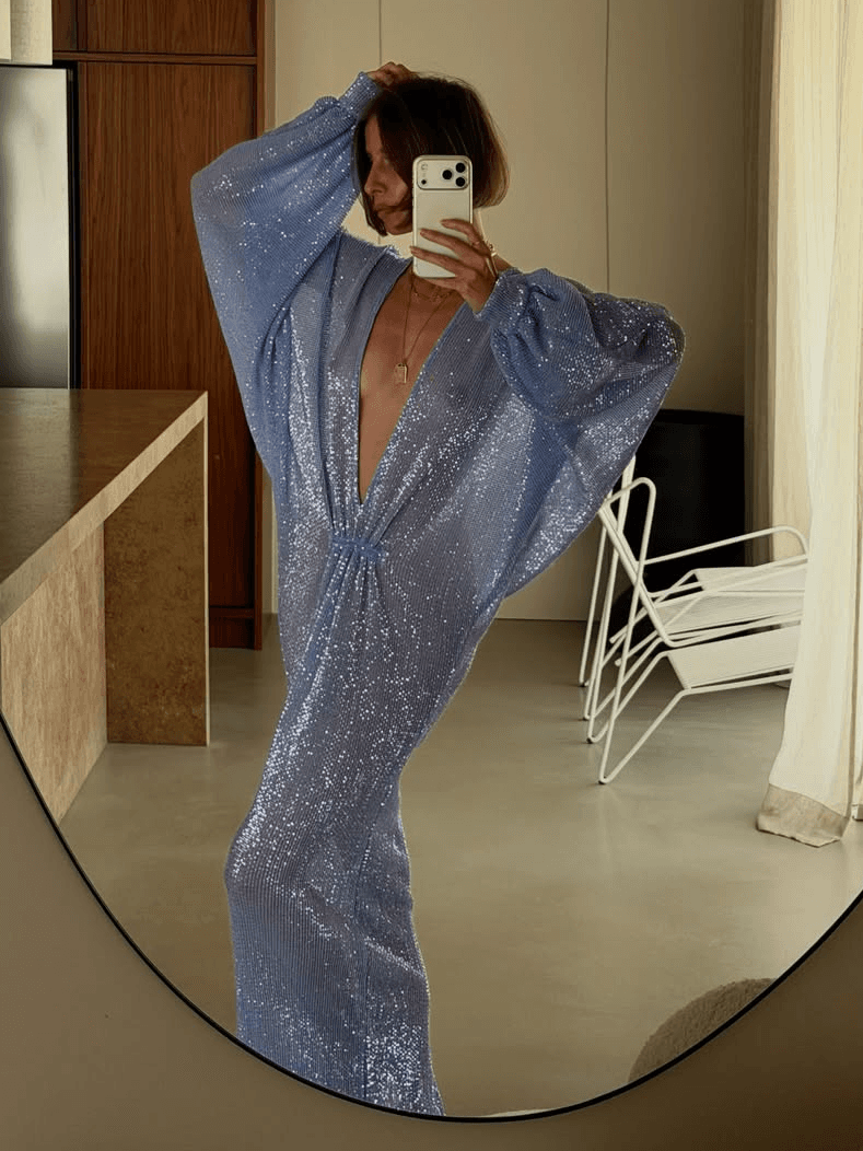 Ice Blue Sequin Deep V Lantern Sleeve Maxi Dress