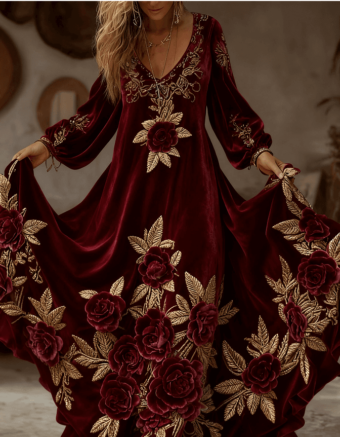 Women's Vintage Pink Floral Embroidery Art Comfy Linen Maxi Dress