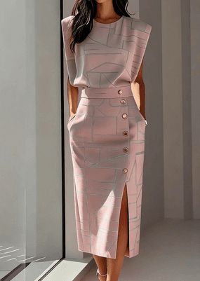 Women's Modern Retro Geometric Striped Round Neck Sleeveless Slim Fit Midi Dress With Slit