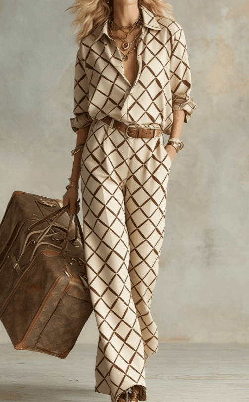 Vertical Striped Collared Loose Long-sleeved Shirt And Wide-leg Pants Suit