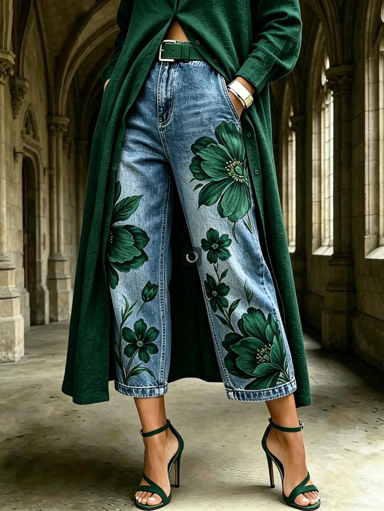 Mid-rise Wide-leg Denim Capri Pants