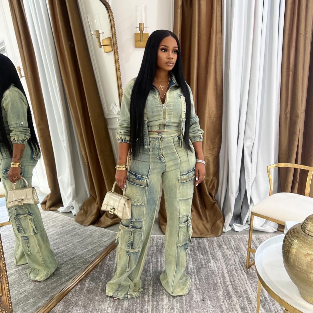 Fashionable And Sexy Washed Denim Jacket And Pants Set