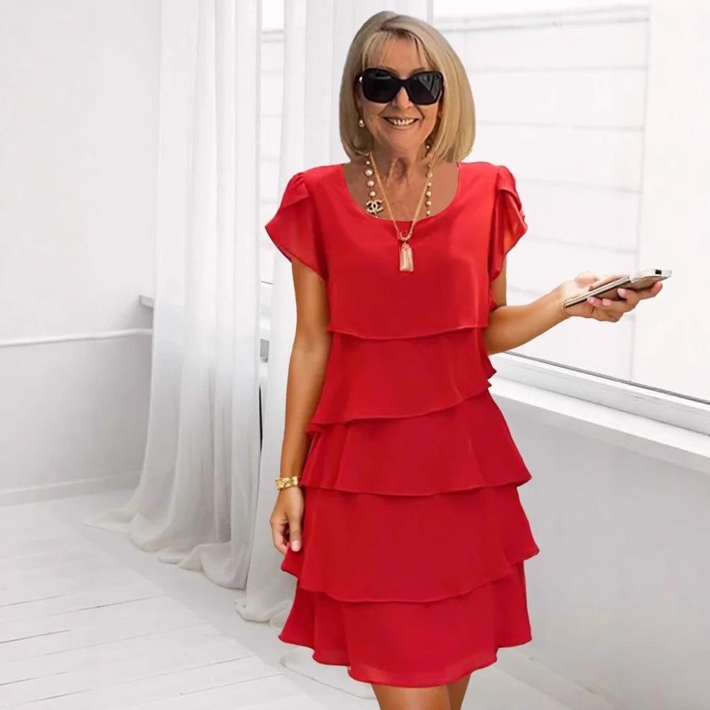 Short Sleeve Cake Dress Solid Color Round Neck Dress