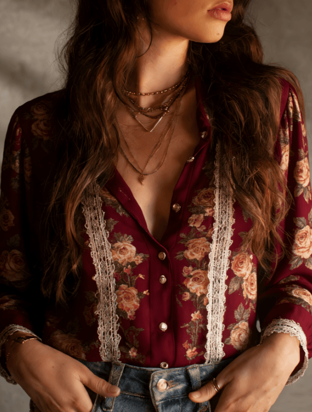 French Retro Style Lace Floral Print Shirt For Women