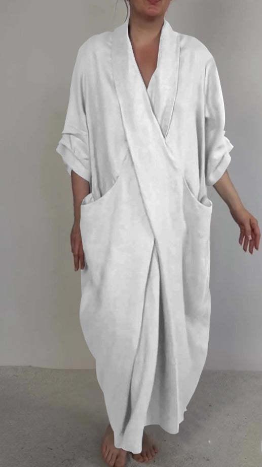 Linen Blend V-Neck Wrap Dress With Pockets