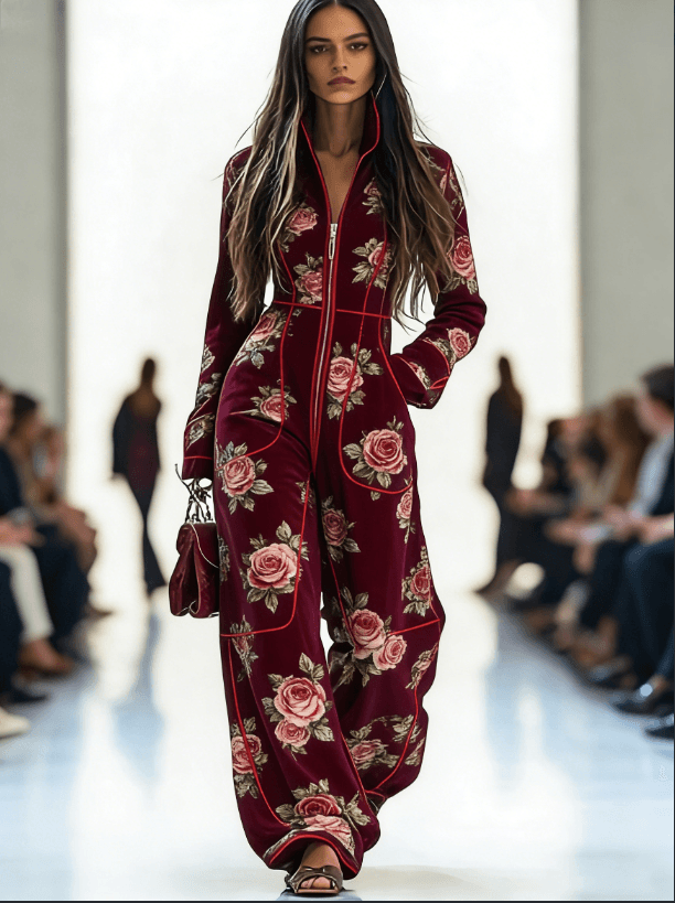 Zippered Long-sleeved Casual Wide-leg Jumpsuit
