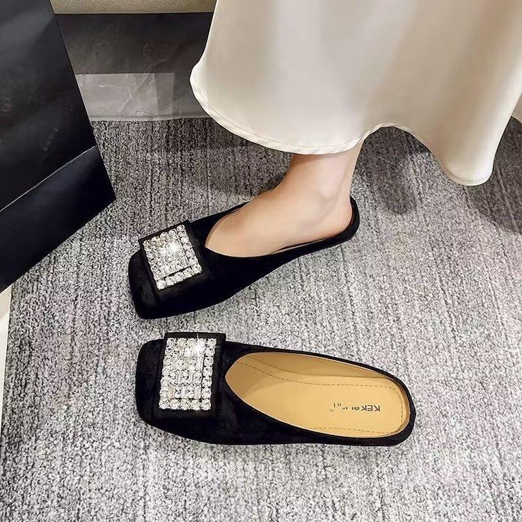 Womens Summer Outdoor Versatile Non-slip Rhinestone Square-toe Flat Shoes