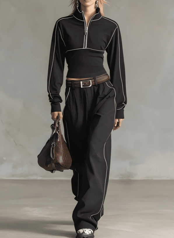 Stand-up Collar Short Zip-up Top  Wide-leg Pants Casual Sportswear Set